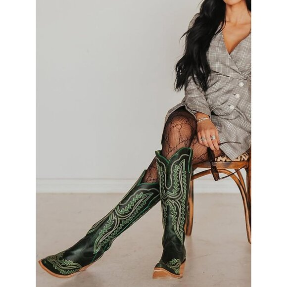 Women's Green Vintage Chunky Tall Knee High Heel Western Embroidery Boots - Picture 6 of 7